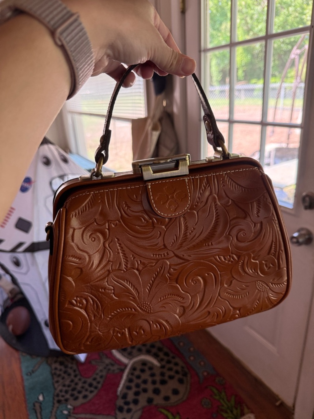 Embossed Top-Handle Women’s Handbag in Brown